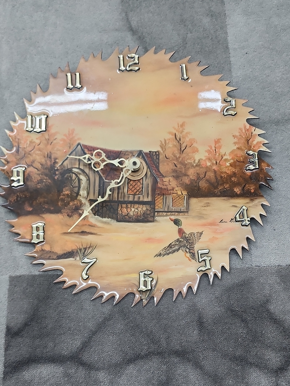 Vintage Hand-Painted Rustic Landscape Saw Blade Wall Clock - Orange Brown
